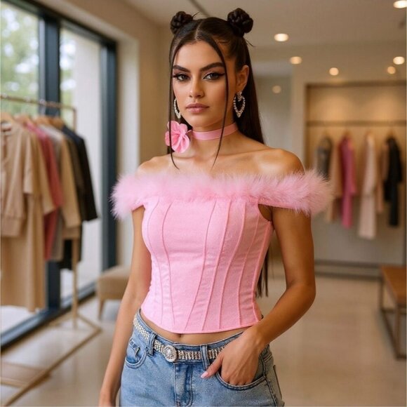 Sugar Thrillz Pink Jacquard Off‑Shoulder Bustier w/ Marabou Trim & Side Zip – S - Picture 6 of 8